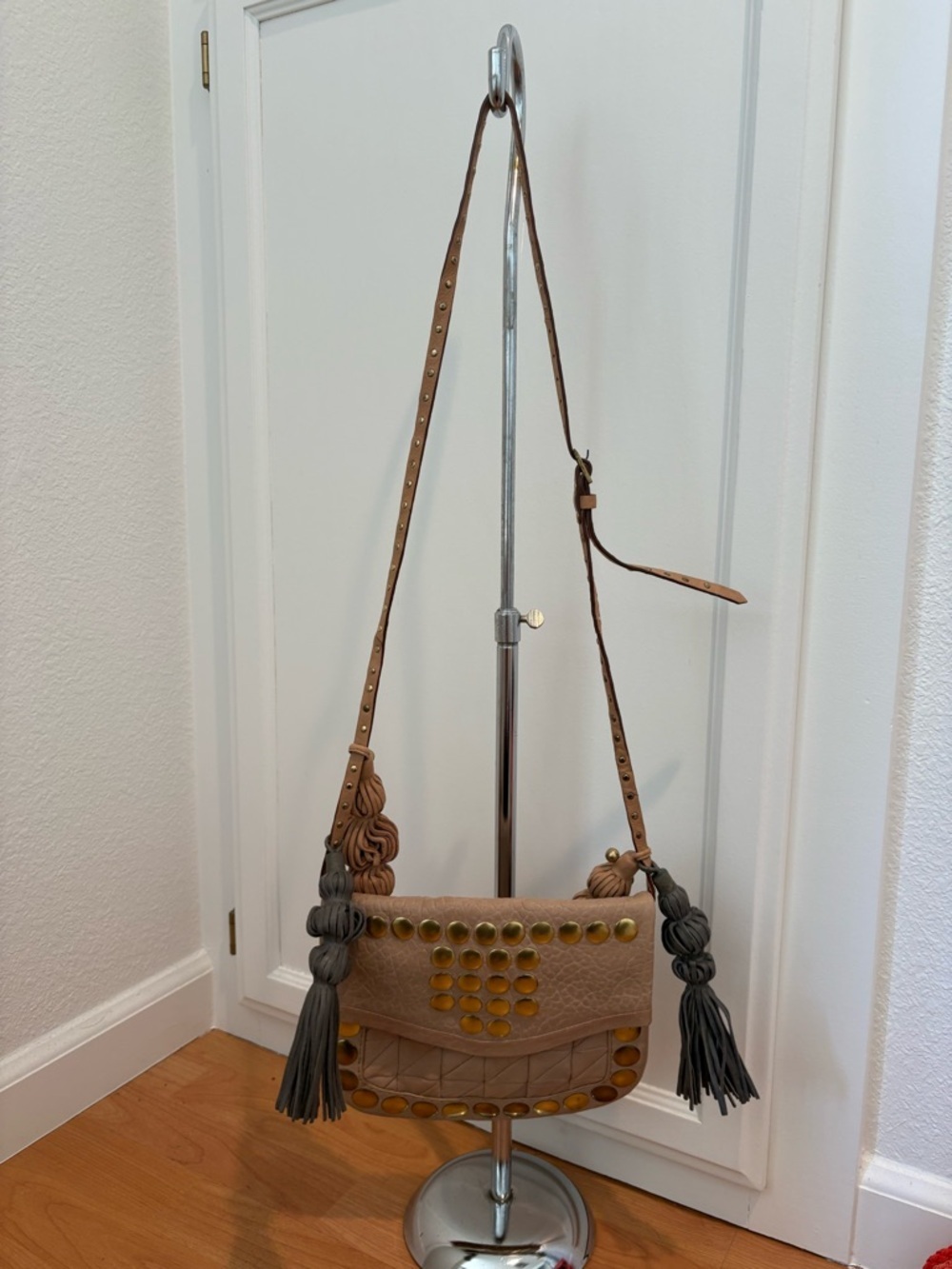 Leather Studded Tassel Crossbody Bag in Brown and Gray